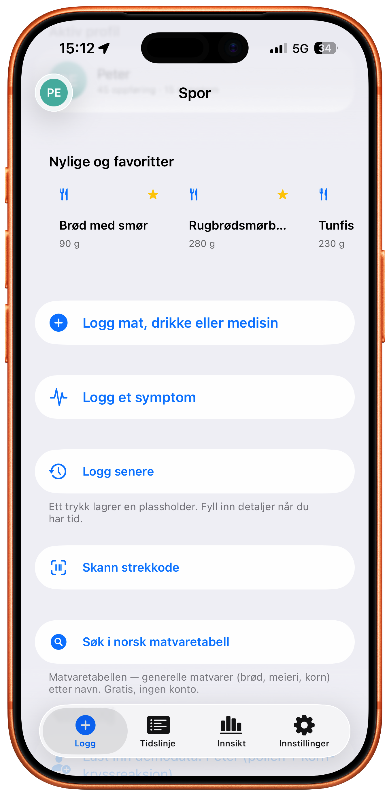 Logg inntak-skjermen med favoritter, strekkodelesing og søk i Matvaretabellen